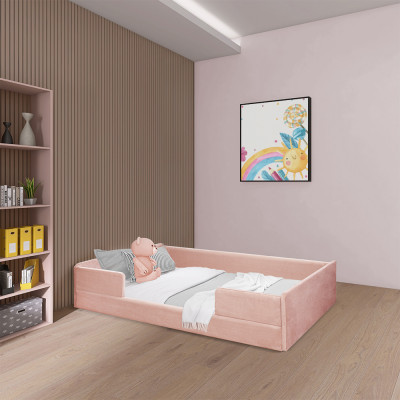 Cama Infantil Montessoriana Com Colchão Luana Em Madeira Maciça Com Revestimento Em Tecido Rosa